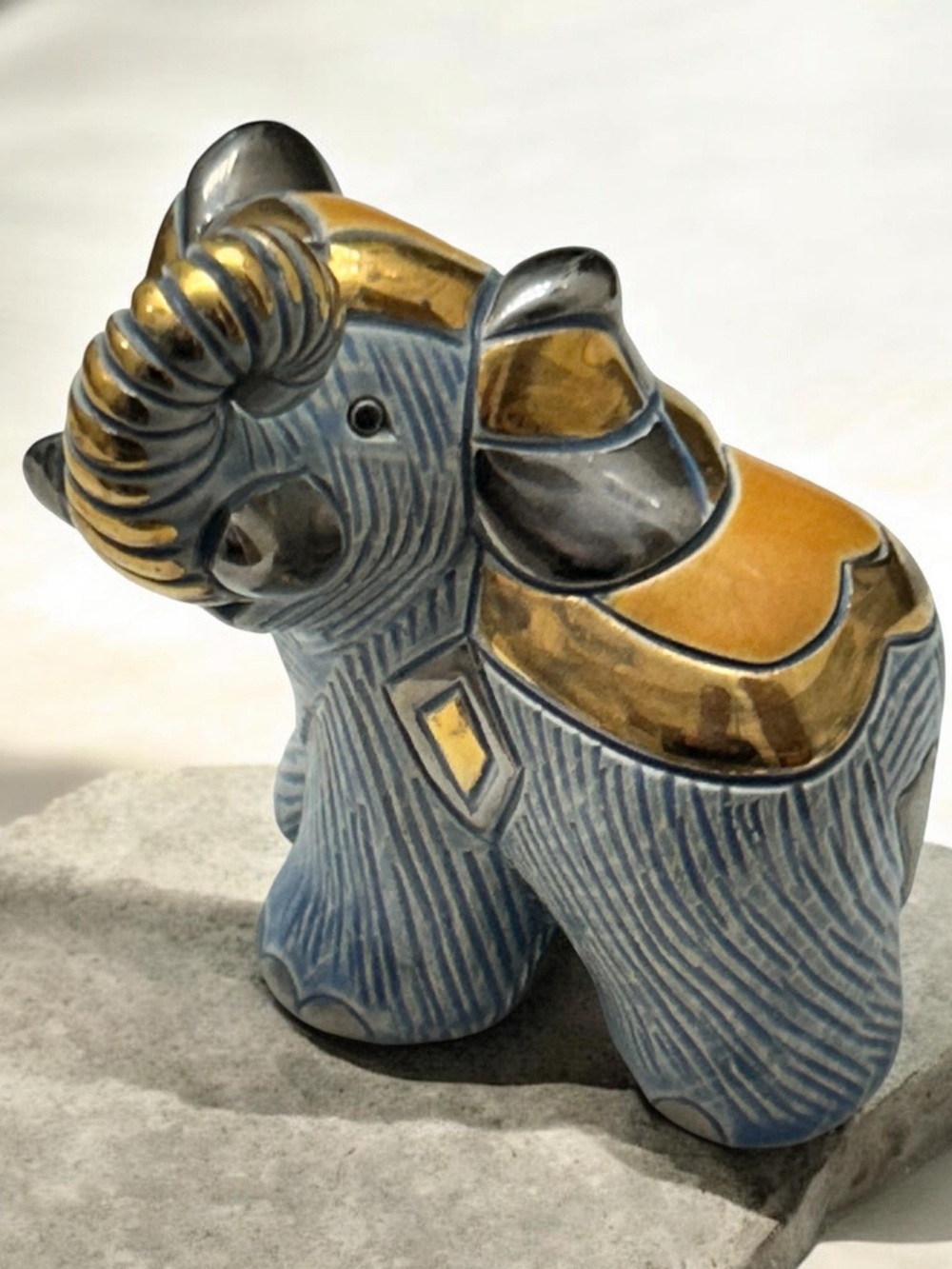 Vintage Rinconada De Rosa Ceramic Hand-Carved Enamel Elephant-24k Gold/Platinum
